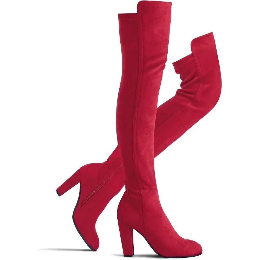Women Red Faux Suede Chunky Heel Stretch Over The Knee Thigh High Long Boot